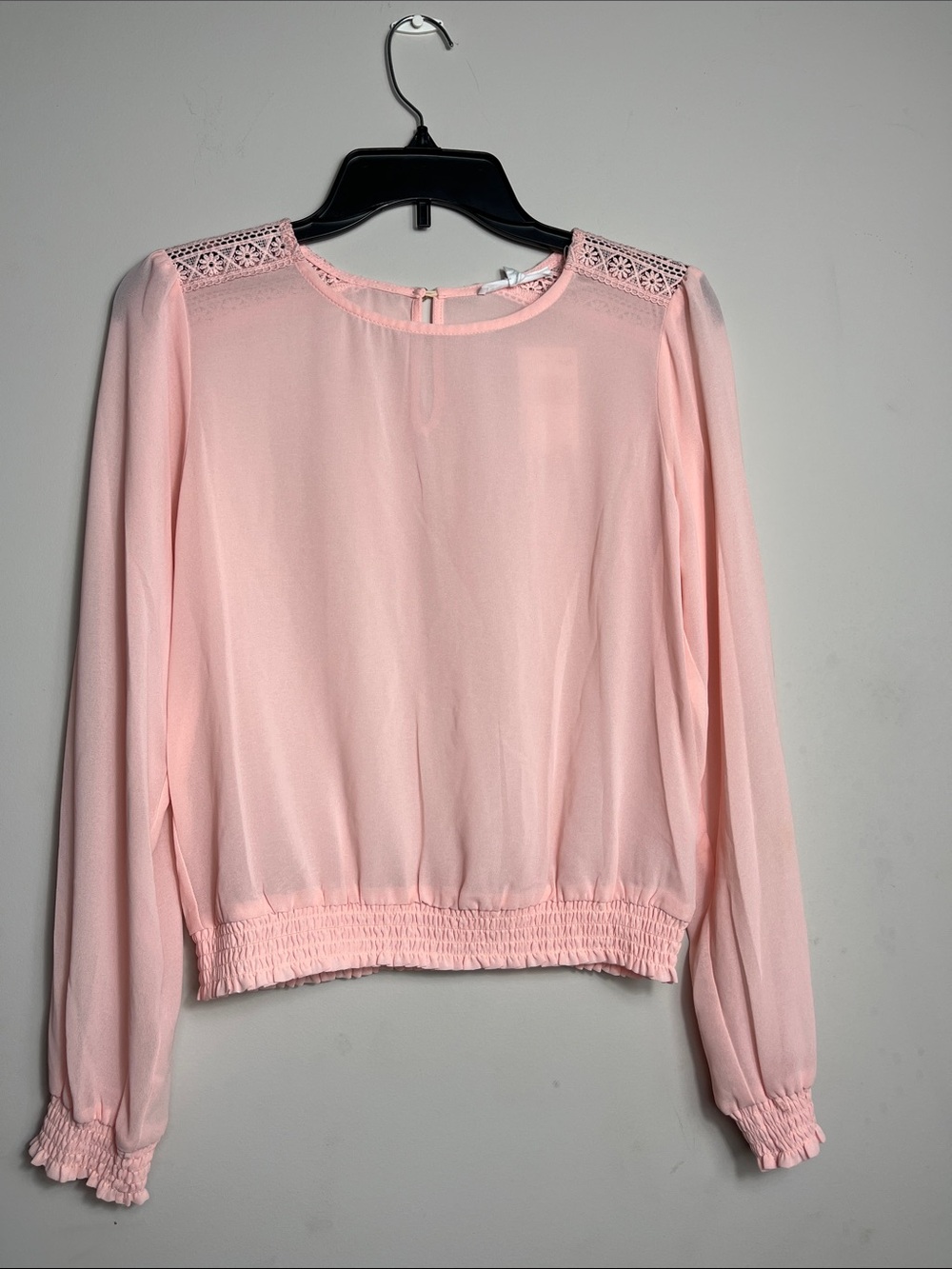 Socialite Pink Lace Trim Smocked Waist Chiffon Blouse Medium